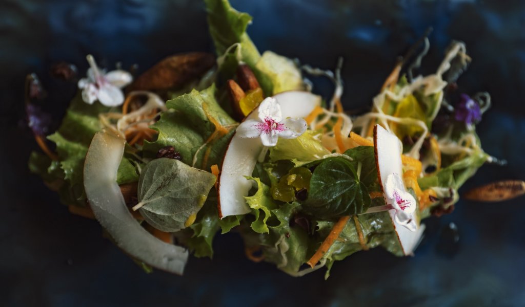 Salada delicada com flocos de coco, flores, cenouras e alface verde sobre fundo azul escuro.