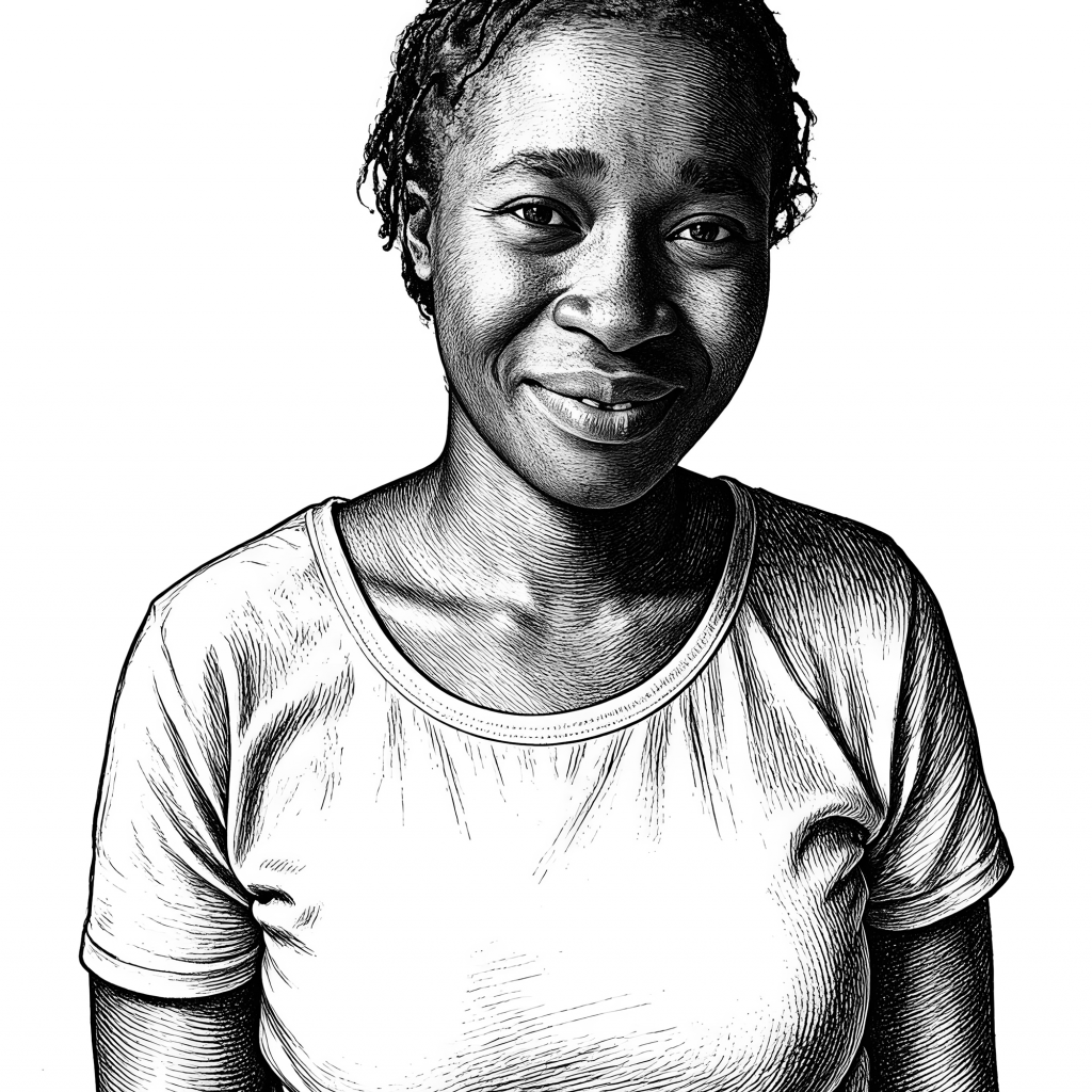 Illustrated portrait of Mana, the seamstress sewing vibrant African prints at Terra Prometida
