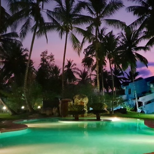 Swimming pool at night at Omali, illuminated with soft lighting amidst lush greenery
