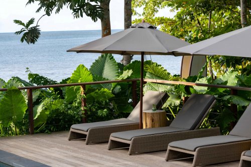 Three gray sun loungers under an umbrella, green plants behind, sea in the distance at Sundy Praia