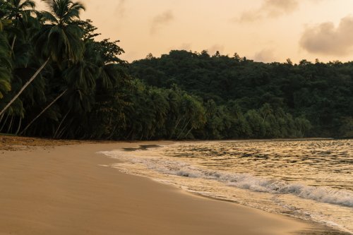 Waves crashing on the beach at Bom Bom Beach Resort during sunset
