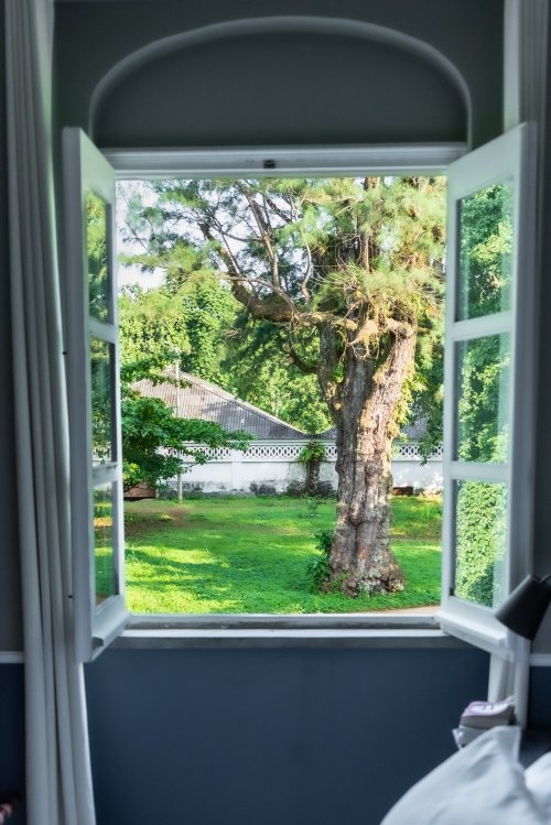 Vista de uma suite na Roça Sundy com janela aberta e vegetação exuberante
