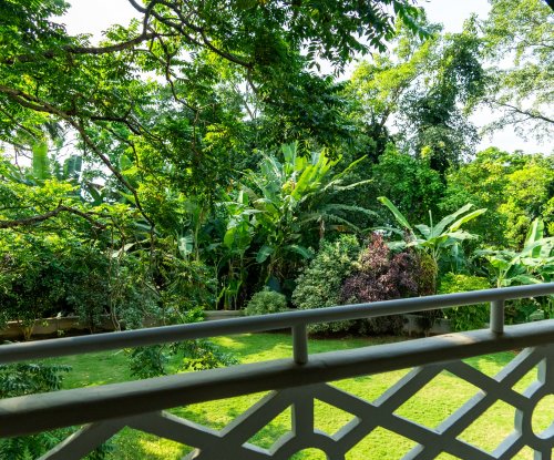 Vista de um quarto na Roça Sundy com uma varanda e vegetação exuberante