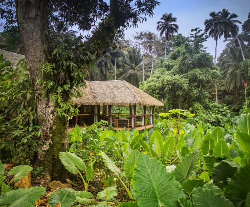 Aerial view of the reception house at Sundy Praia, nearly hidden by the lush rainforest vegetation