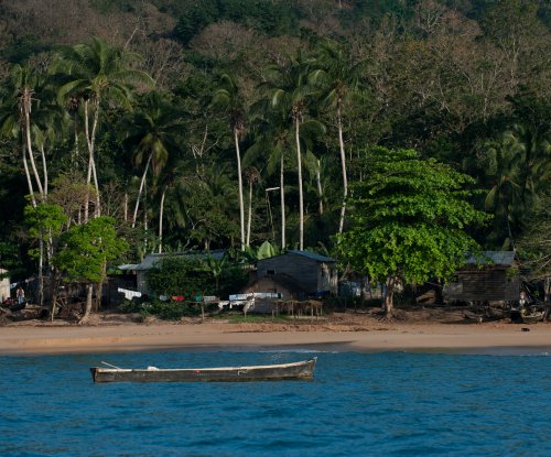 Fishing village with wooden houses and palm trees seen from the sea, Príncipe Island