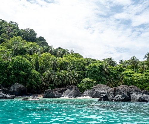Secluded beach with dark volcanic rocks and turquoise waters, Príncipe Island