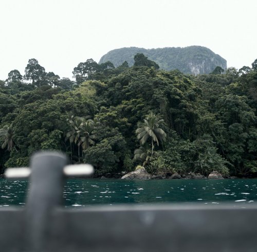Costa coberta de floresta tropical com pico rochoso ao fundo vista do barco, Ilha do Príncipe