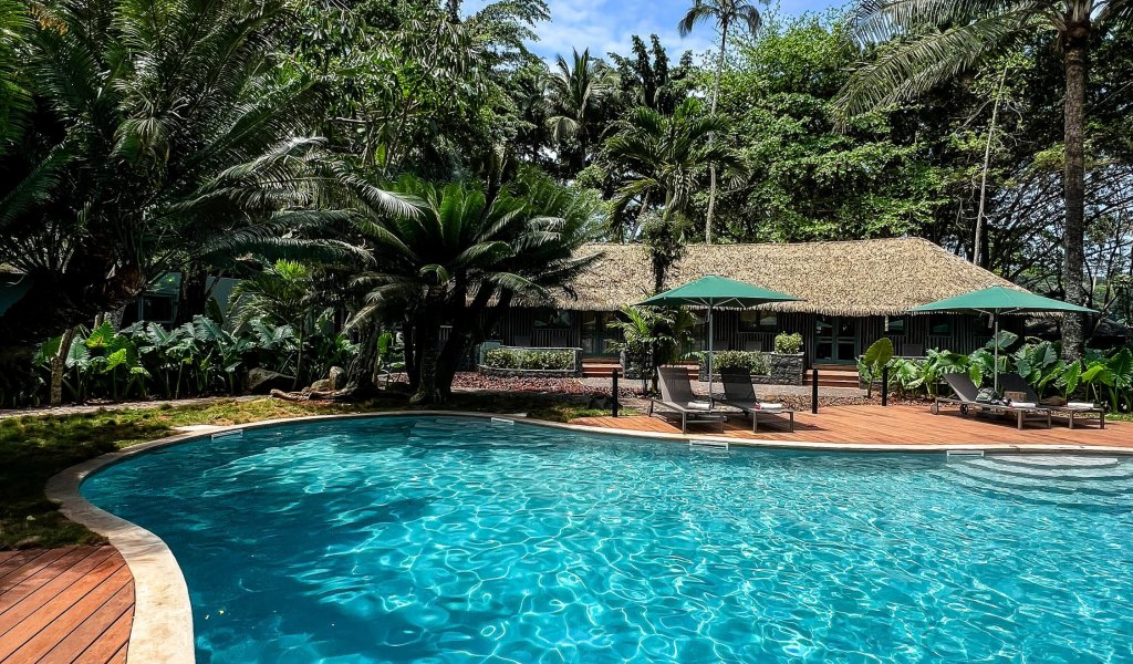 Swimming pool surrounded by lush greenery at Bom Bom Beach Resort.