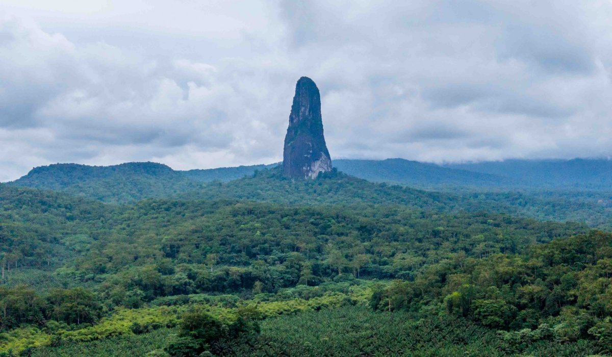 Panoramic view of Pico Cão Grande rising above the dense rainforest, São Tomé Island