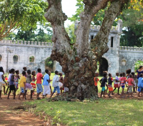 A group of brightly dressed children standing behind a tree in front of Roca Sundy, Príncipe Island.